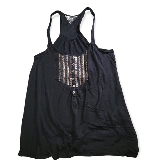 𝅺Roxy Black Embellished Tank Top Sz Medium - Picture 1 of 3